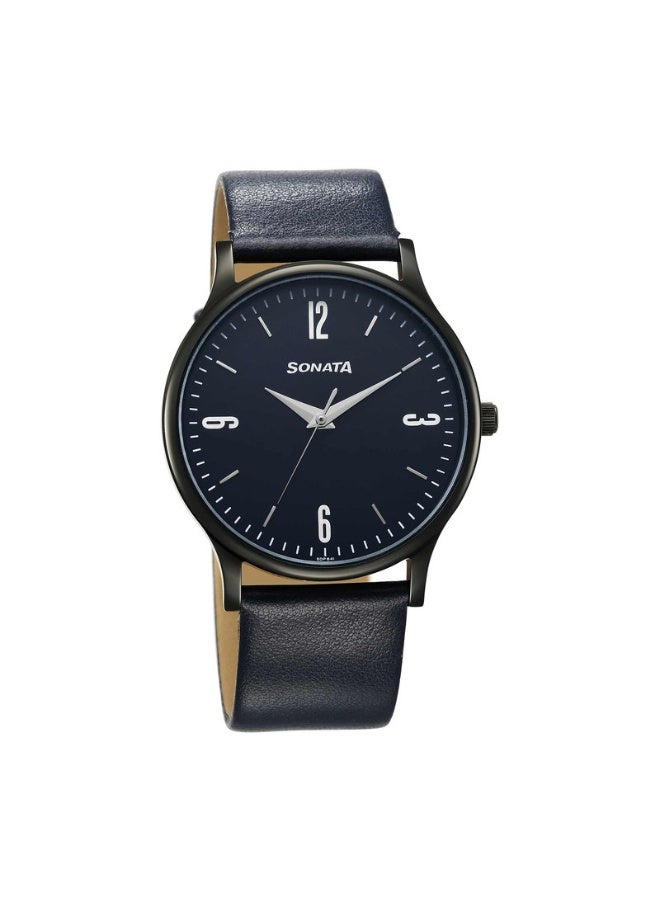 Sonata ساعة يد للرجال 77105NL11 – قرص أزرق، حزام جلد أزرق، حركة كوارتز، مقاومة للماء حتى 3 ATM، ساعة أنيقة وجاهزة كهدية - Image 1