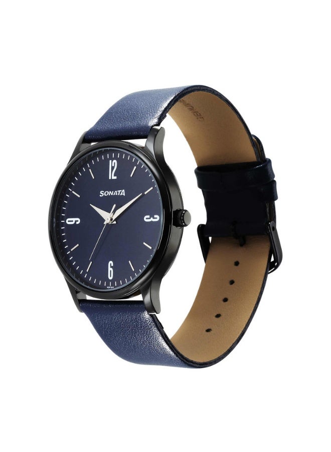 Sonata ساعة يد للرجال 77105NL11 – قرص أزرق، حزام جلد أزرق، حركة كوارتز، مقاومة للماء حتى 3 ATM، ساعة أنيقة وجاهزة كهدية - Image 3