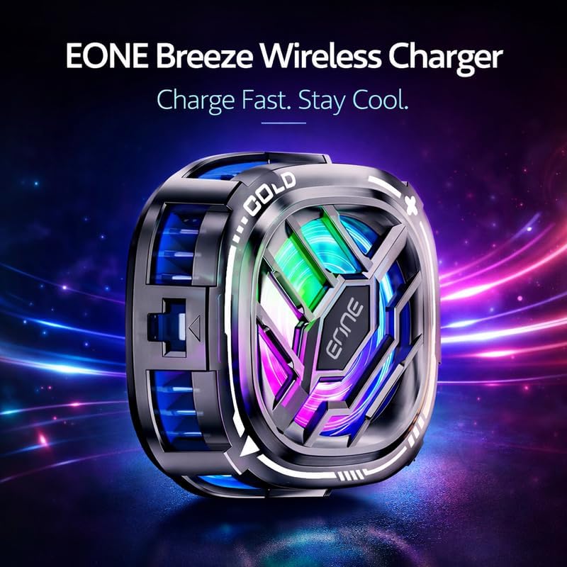 إيون شاحن لاسلكي Breeze مع مروحة تبريد، شاحن هاتف سريع بقدرة 15 واط، مروحة ألعاب RGB، تصميم مغناطيسي، حماية من السخونة الزائدة للهواتف الذكية – أسود - Image 2