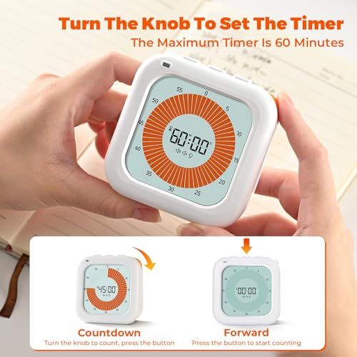 EooCoo Visual Timer Digital, 60-Minute Countdown Rotation Timer for Kids and Adults, Adjustable Volume,LCD Screen Pomodoro Time Management Education Tool for Home Kitchen,School,Office,ADHD-Snow White - Image 4