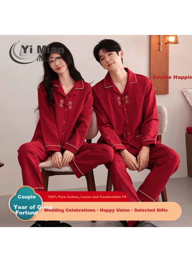 Yinsleep Wedding Newlywed Couples Pajamas Spring Autumn Pure Cotton Long Sleeve Long Pants Red Uni Cardigan Homewear Set - Image 1
