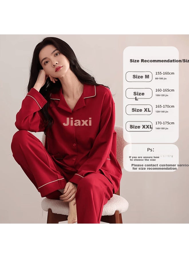 Yinsleep Wedding Newlywed Couples Pajamas Spring Autumn Pure Cotton Long Sleeve Long Pants Red Uni Cardigan Homewear Set - Image 3