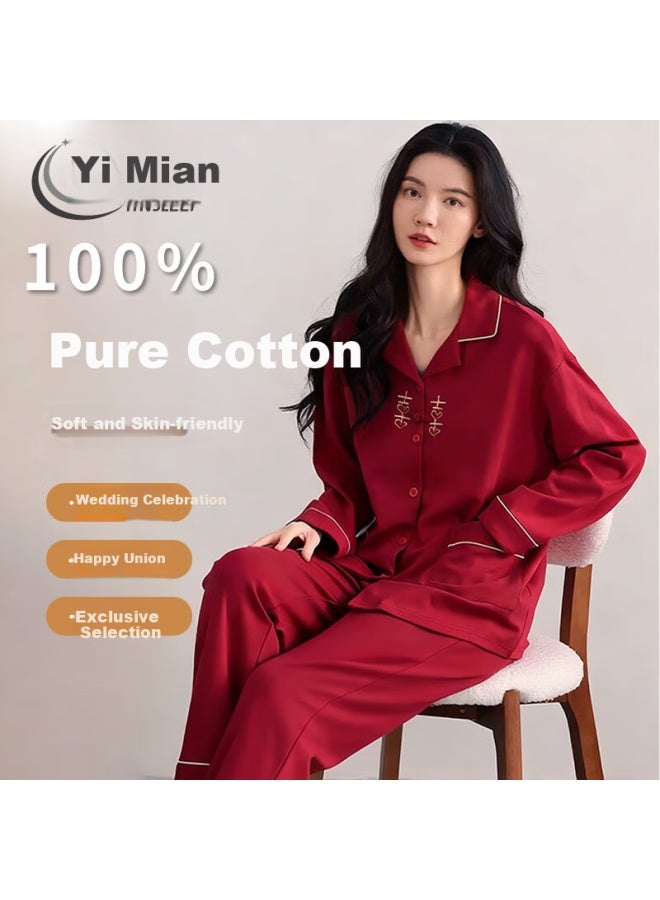 Yinsleep Wedding Newlywed Couples Pajamas Spring Autumn Pure Cotton Long Sleeve Long Pants Red Uni Cardigan Homewear Set - Image 4