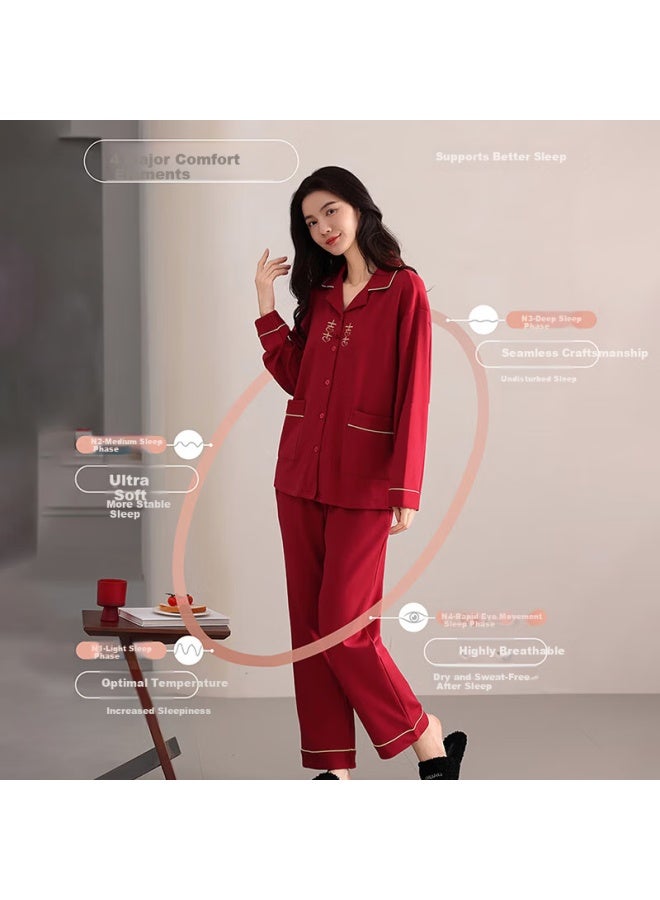 Yinsleep Wedding Newlywed Couples Pajamas Spring Autumn Pure Cotton Long Sleeve Long Pants Red Uni Cardigan Homewear Set - Image 2