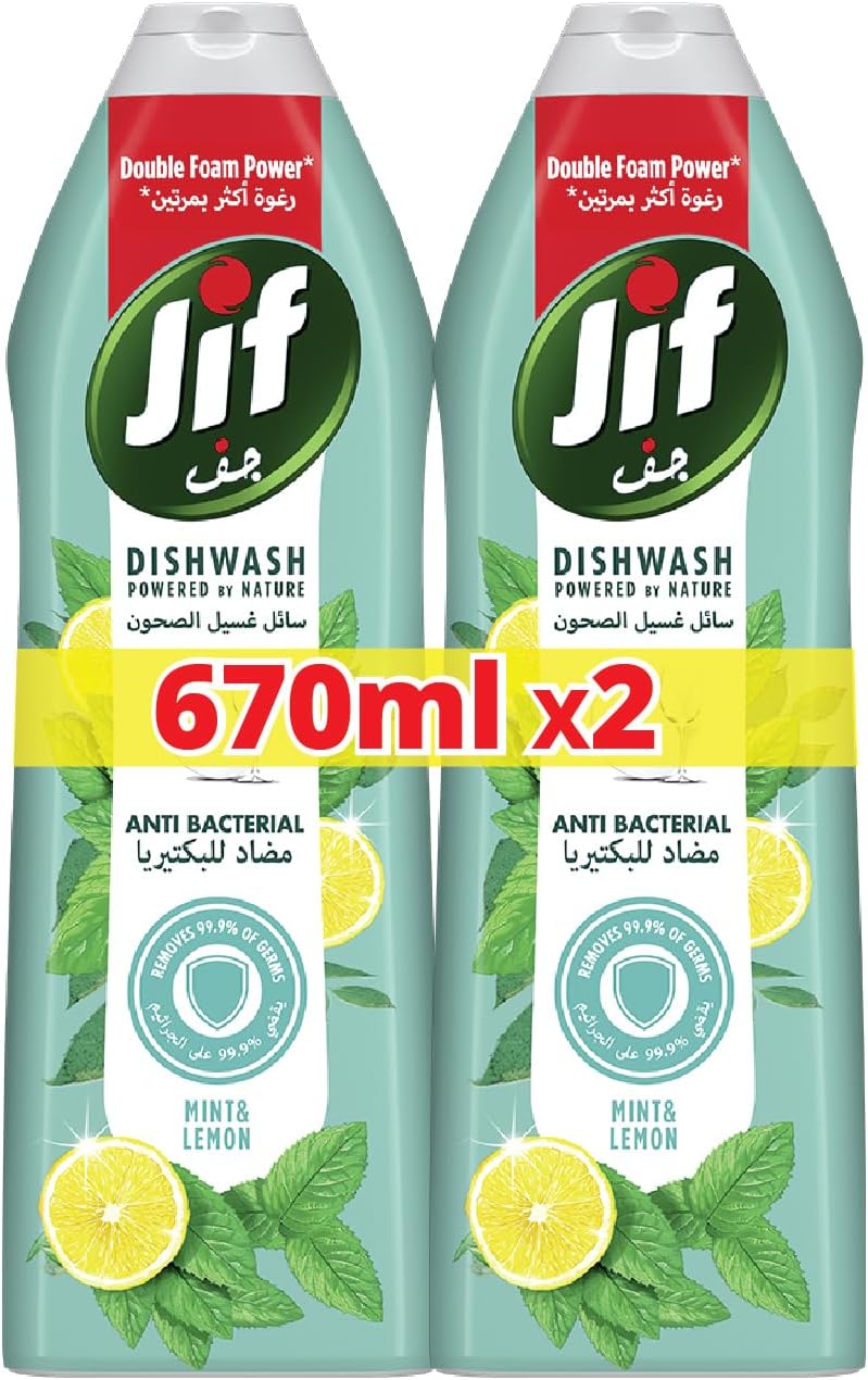 Jif Antibacterial Dishwashing Liquid - Mint & Lemon, 2 x 670ml with Double Foam Power - Image 1