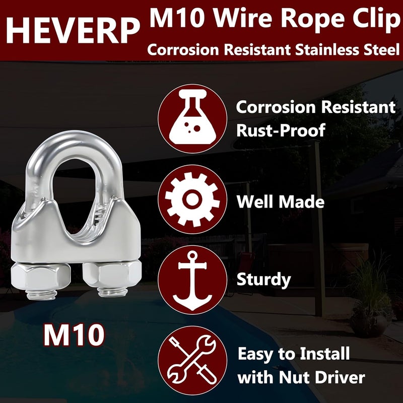 HEVERP 6 قطع مشبك كابل سلكي من الفولاذ المقاوم للصدأ M10 بقطر 3/8 بوصة - Image 3