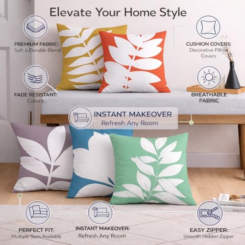 STITCHNEST Set of 4 Polycotton Cushion Covers – 18x18 Inches – Multicolor Leaf Print – Modern Botanical Design Cushion Covers for Sofa & Living Room | Perfect for Home Decor - Image 3