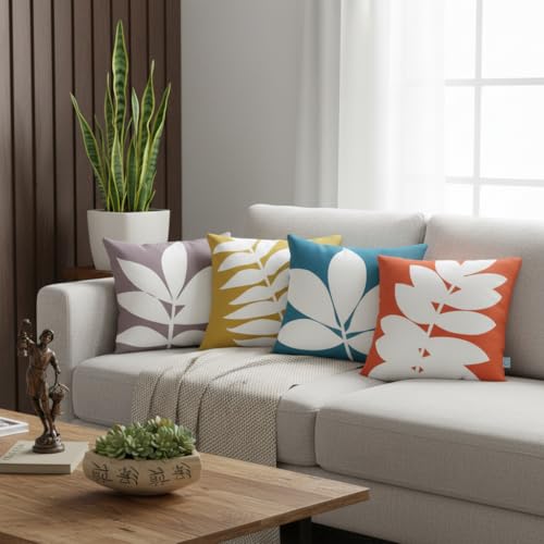 STITCHNEST Set of 4 Polycotton Cushion Covers – 18x18 Inches – Multicolor Leaf Print – Modern Botanical Design Cushion Covers for Sofa & Living Room | Perfect for Home Decor - Image 1