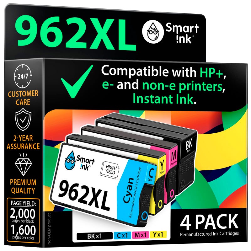 Smart Ink Remanufactured Ink Cartridges Replacement for HP 962XL 962 XL Combo Pack (962XL Black, Cyan, Magenta, Yellow) to use with OfficeJet Pro 9015e 9018e 9025e 9012e 9015 9010 9012 9018 9020 9025 - Image 1