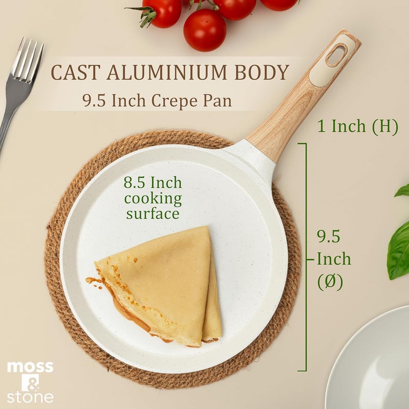Moss & Stone 9.5-Inch Nonstick Crepe Pan with Spreader – Ceramic Dosa Tawa, Flat Skillet for Roti, Pancakes, Tortillas – Induction Compatible, Nonstick Pancake Pan for Stovetop Use, White - Image 2