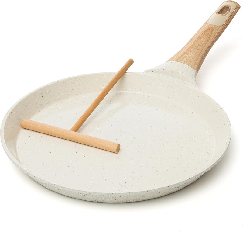 Moss & Stone 9.5-Inch Nonstick Crepe Pan with Spreader – Ceramic Dosa Tawa, Flat Skillet for Roti, Pancakes, Tortillas – Induction Compatible, Nonstick Pancake Pan for Stovetop Use, White - Image 1