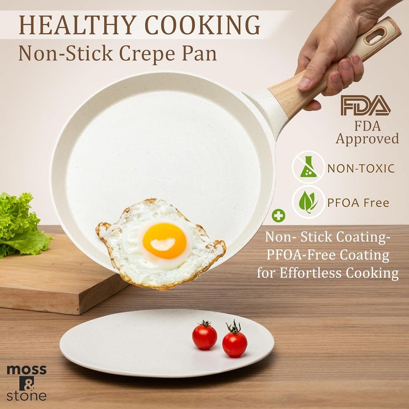 Moss & Stone 9.5-Inch Nonstick Crepe Pan with Spreader – Ceramic Dosa Tawa, Flat Skillet for Roti, Pancakes, Tortillas – Induction Compatible, Nonstick Pancake Pan for Stovetop Use, White - Image 3