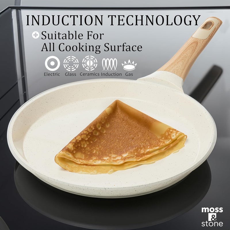 Moss & Stone 9.5-Inch Nonstick Crepe Pan with Spreader – Ceramic Dosa Tawa, Flat Skillet for Roti, Pancakes, Tortillas – Induction Compatible, Nonstick Pancake Pan for Stovetop Use, White - Image 5