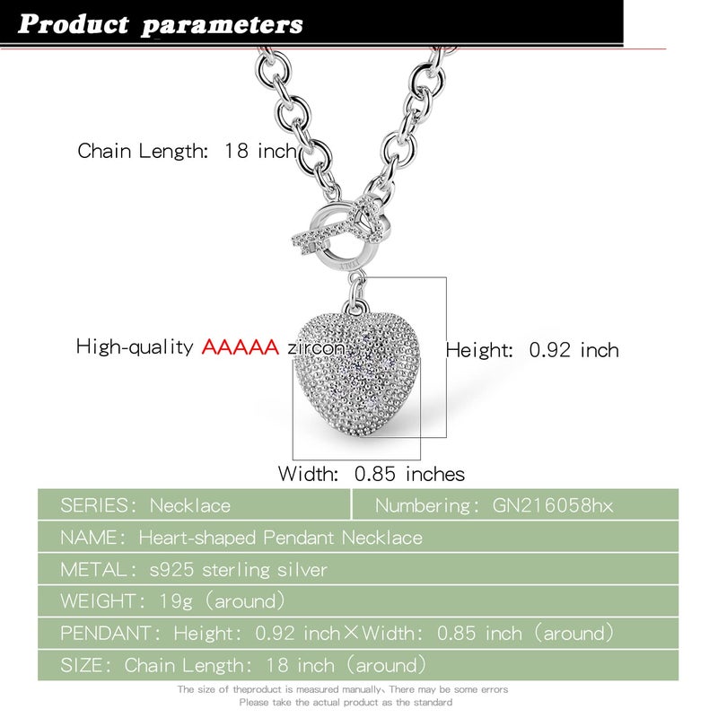 Dankadi New Women's 925 Sterling Silver Necklace Noble Heart Pendant Necklace Solid Silver Rolo Chain 18-26'' Birthday Party Jewelry Necklace Accessories (Inches, 18.00) - Image 3