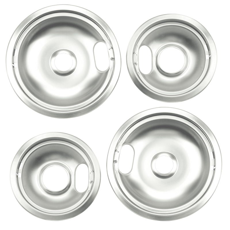 W10196405 and W10196406 Chrome Stove Burner Drip Pans for Electric Stove Top Compatible with Whirlpool Maytag Electric Range Electric Stove Drip Pans Replacements 4 Pack 2x6 and 2x8