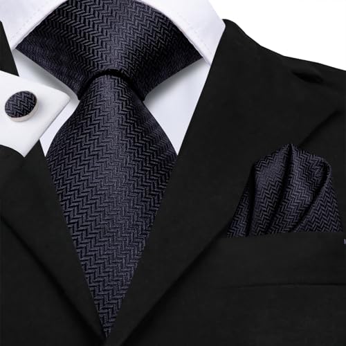Dubulle Mens Tie Set Solid Paisley Silk Striped Necktie for Men with Cufflinks Tie and Pocket Square,Black Novelty - Image 4