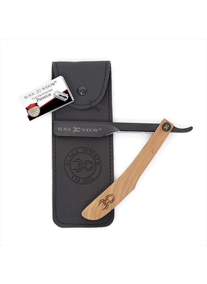 Black Widow Executive Brand Razor - Navaja para barbero - Barber Straight Edge Razor Kit with 10 Double- Edge Straight Razor Blades, Straight Razor Shaving Kit (Light Wood) - Image 1