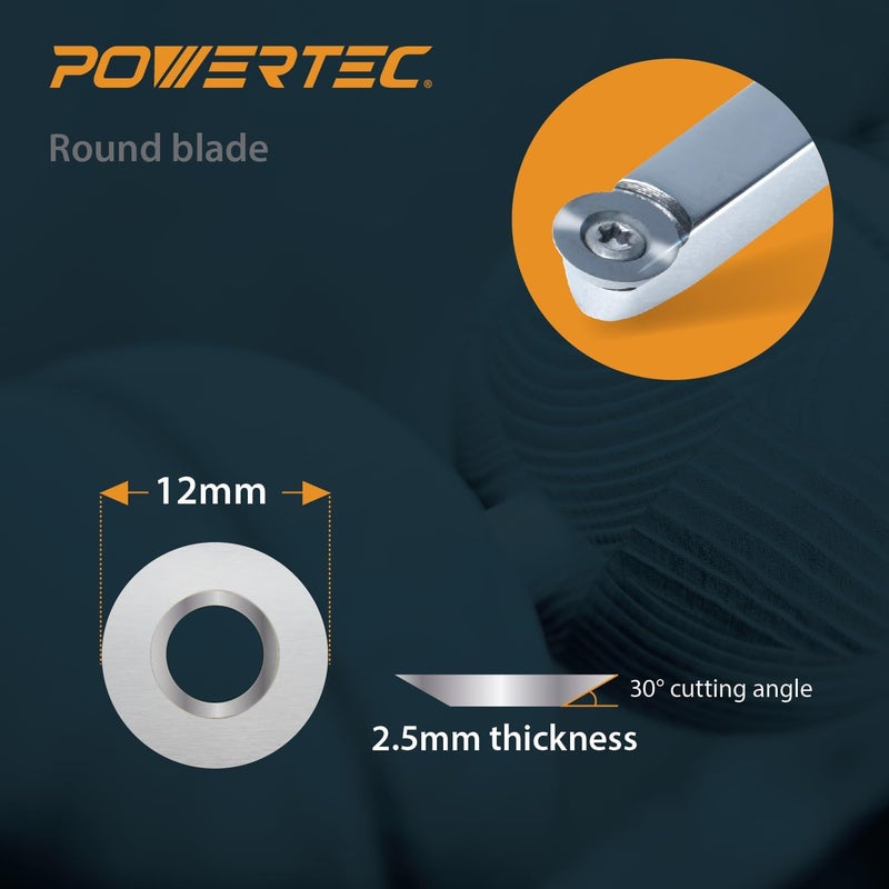 POWERTEC 8 Pcs Tungsten Carbide Cutter Insert Set for Wood Lathe Tools with 11mm Radius & Flat Edge Squares, 12mm Round, 10 x 28mm Diamond, Blade Replacement for 71826 Lathe Tools Set (71830) - Image 3