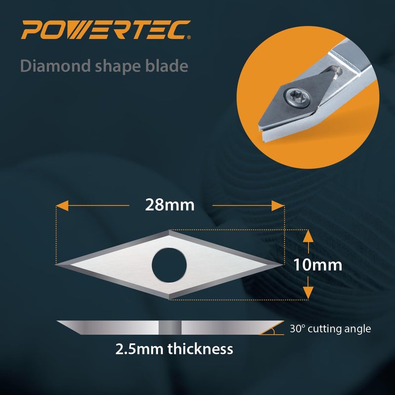 POWERTEC 8 Pcs Tungsten Carbide Cutter Insert Set for Wood Lathe Tools with 11mm Radius & Flat Edge Squares, 12mm Round, 10 x 28mm Diamond, Blade Replacement for 71826 Lathe Tools Set (71830) - Image 2