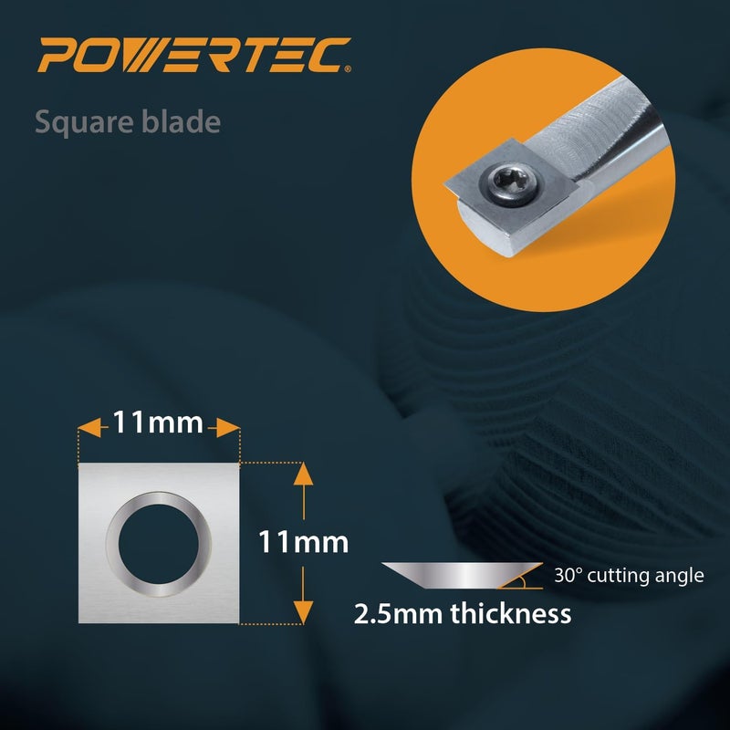 POWERTEC 8 Pcs Tungsten Carbide Cutter Insert Set for Wood Lathe Tools with 11mm Radius & Flat Edge Squares, 12mm Round, 10 x 28mm Diamond, Blade Replacement for 71826 Lathe Tools Set (71830) - Image 4