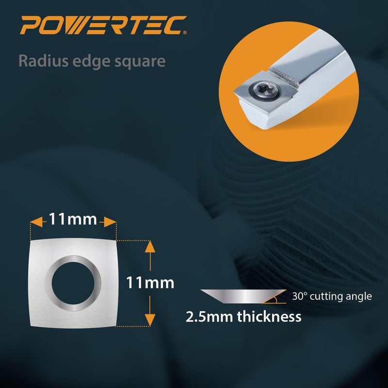 POWERTEC 8 Pcs Tungsten Carbide Cutter Insert Set for Wood Lathe Tools with 11mm Radius & Flat Edge Squares, 12mm Round, 10 x 28mm Diamond, Blade Replacement for 71826 Lathe Tools Set (71830) - Image 5