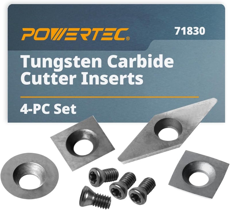 POWERTEC 8 Pcs Tungsten Carbide Cutter Insert Set for Wood Lathe Tools with 11mm Radius & Flat Edge Squares, 12mm Round, 10 x 28mm Diamond, Blade Replacement for 71826 Lathe Tools Set (71830) - Image 1
