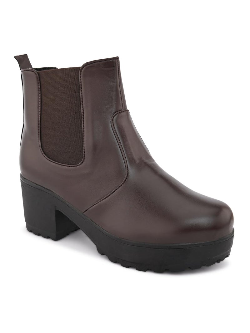 XE Looks 100% Vegan Leather Women's Brown Classic Chelsea Boots | Easy Slip-On with Elastic Panels | Fashionable Faux Leather with Comfortable Block Heel Boots For Girls & Women - Image 5