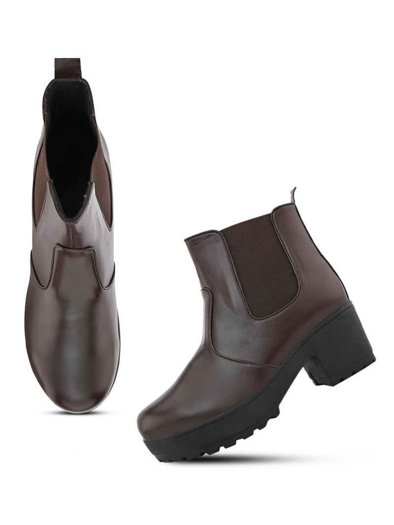 XE Looks 100% Vegan Leather Women's Brown Classic Chelsea Boots | Easy Slip-On with Elastic Panels | Fashionable Faux Leather with Comfortable Block Heel Boots For Girls & Women - Image 1