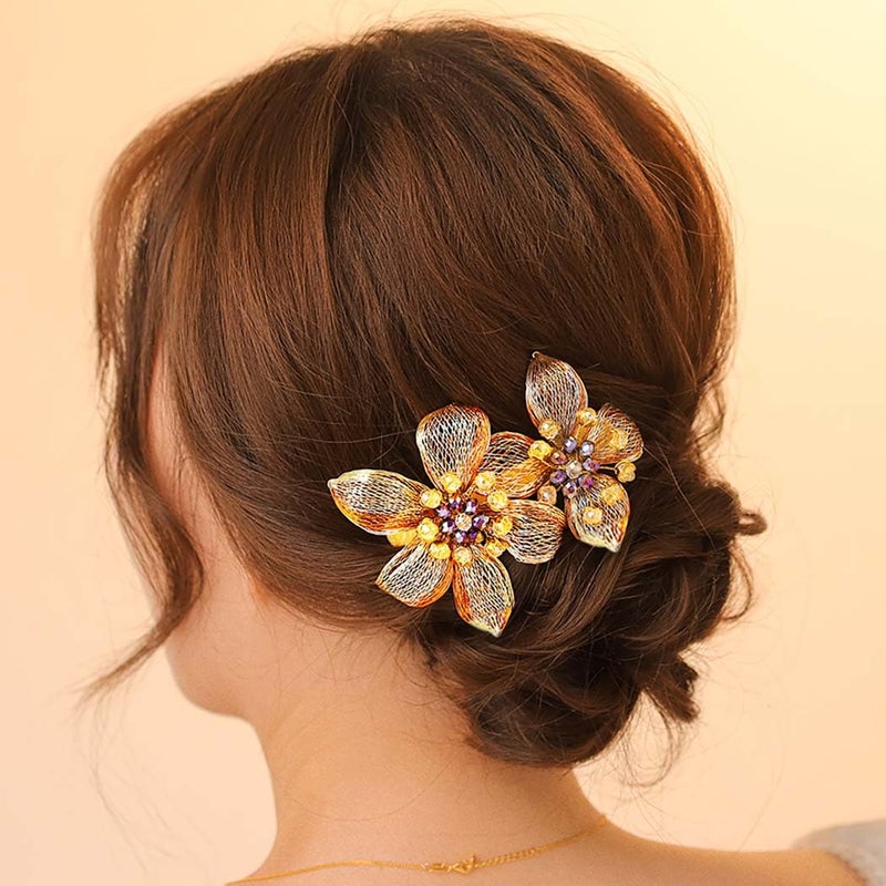 Yokawe Gold Hair Barrettes Clips Bridal Wedding Hair Clip Crystal Floral Copper Wire Hair Accessories for Women