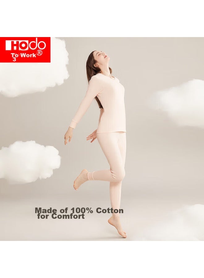 Hongdou Women's Pure Cotton Autumn Underwear, Round Neck Thin Base Layer, Couple's Thermal Underwear, Light Pink - Image 1
