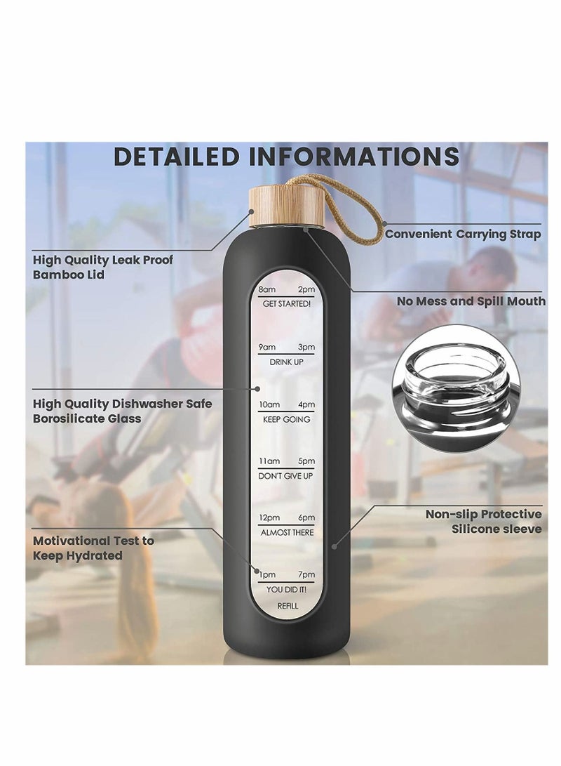 Y&D 32 Oz Borosilicate Glass Water Bottle with Time Marker Reminder Quotes, Leak Proof Reusable BPA Free Motivational Silicone Sleeve and Bamboo Lid (Black) - Image 3
