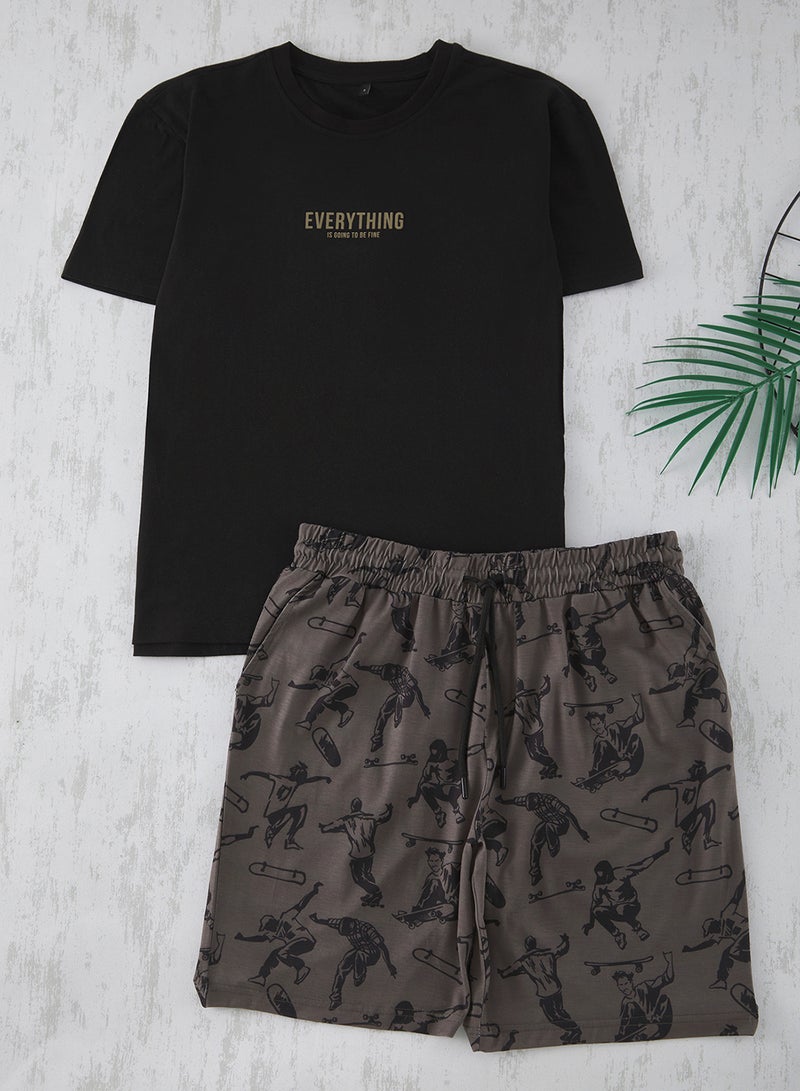 trendyol Black Regular Fit Printed Knitted Pajamas Set with Shorts Tmnss25Pt00020 - Image 2