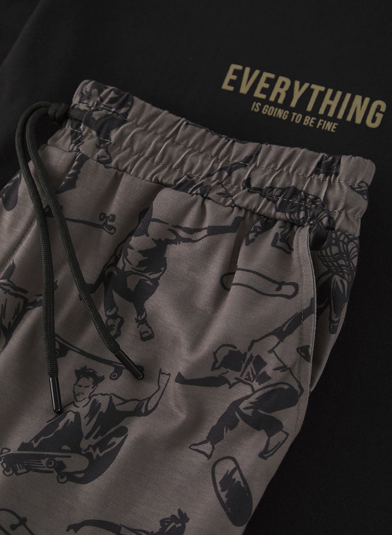 trendyol Black Regular Fit Printed Knitted Pajamas Set with Shorts Tmnss25Pt00020 - Image 3