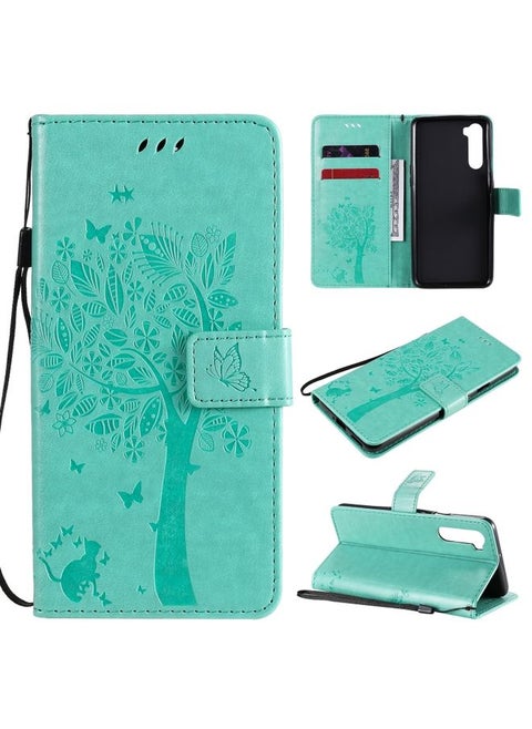 Case Cover For For OnePlus Nord Tree & Cat Pattern Pressed Printing Horizontal Flip PU Leather Case with Holder & Card Slots & Wallet & Lanyard(Green)