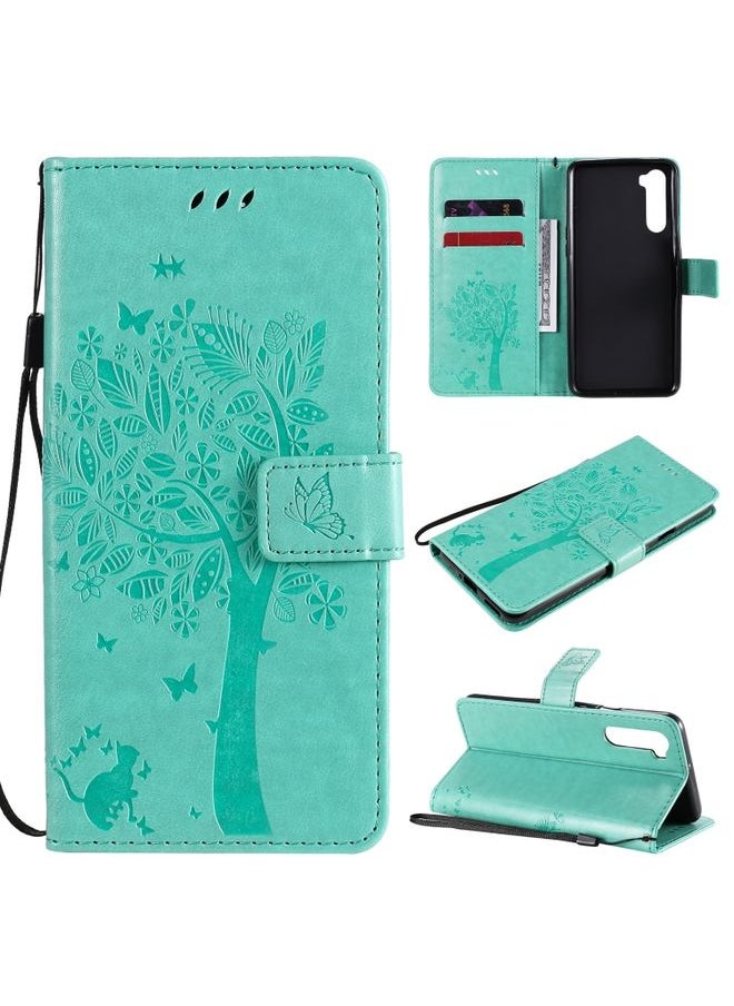 Case Cover For For OnePlus Nord Tree & Cat Pattern Pressed Printing Horizontal Flip PU Leather Case with Holder & Card Slots & Wallet & Lanyard(Green)