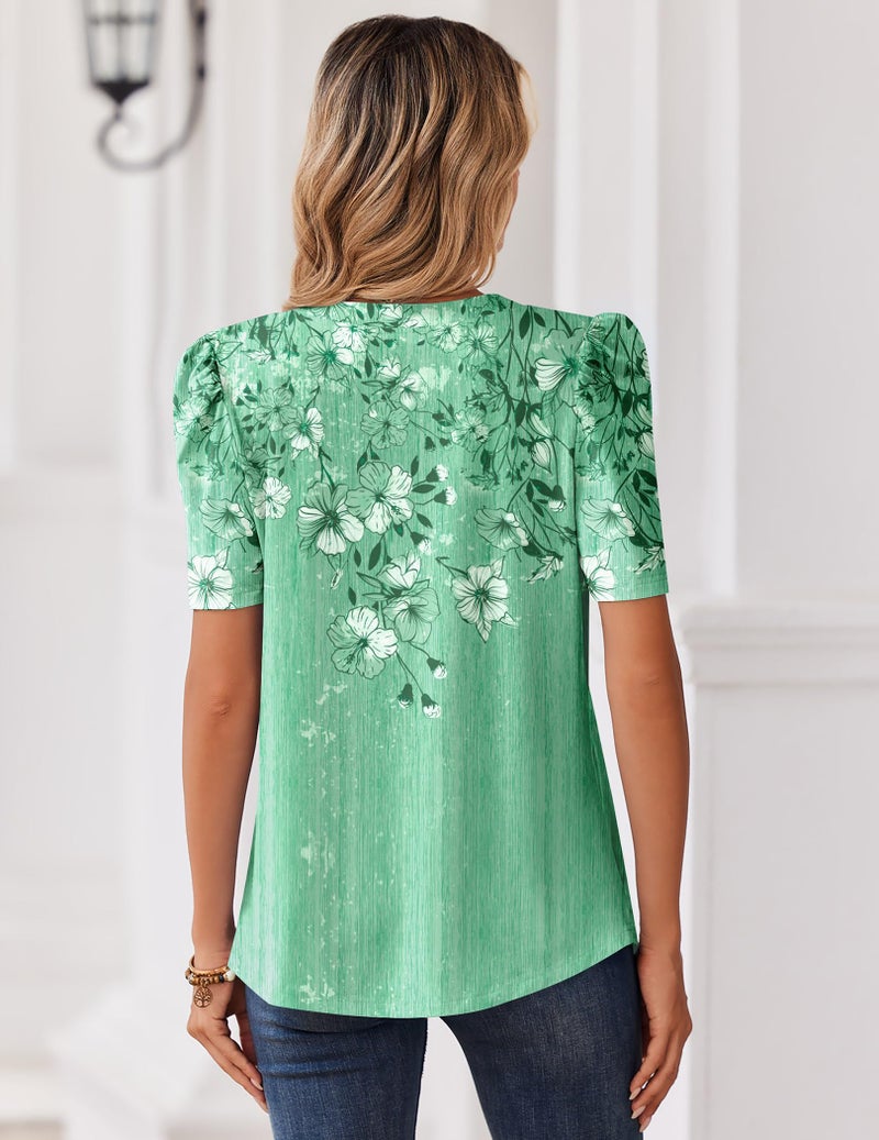 Zeagoo Top for Women Puff Short Sleeve Shirts Summer Dressy Casual Tops V Neck Floral Spring Blouses Going Out Clothes - Image 5