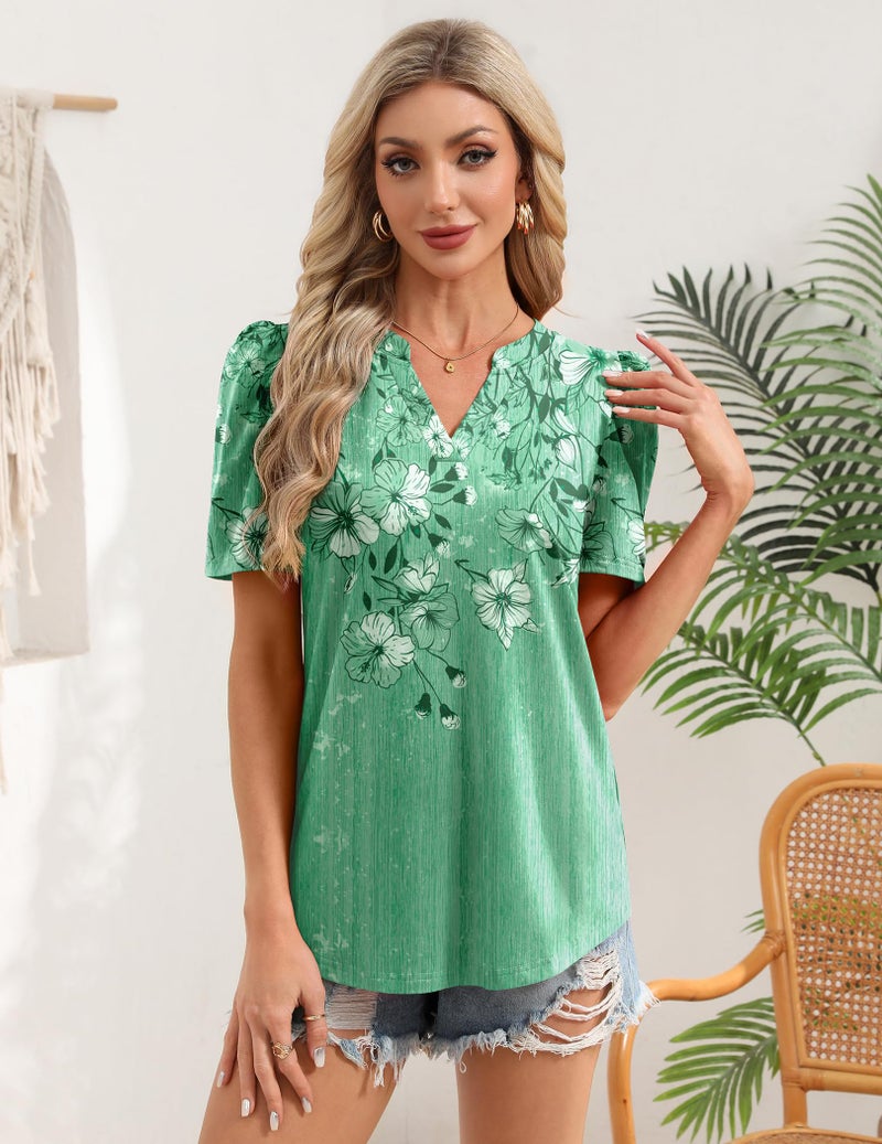 Zeagoo Top for Women Puff Short Sleeve Shirts Summer Dressy Casual Tops V Neck Floral Spring Blouses Going Out Clothes - Image 3