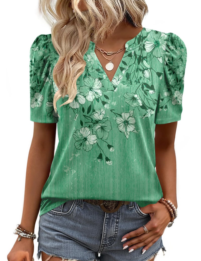 Zeagoo Top for Women Puff Short Sleeve Shirts Summer Dressy Casual Tops V Neck Floral Spring Blouses Going Out Clothes - Image 1