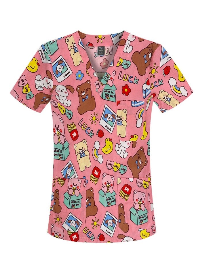 Loquat Unisex Printed V-Neck Medical Uniform Scrubs Top for Women/Men Workwear 