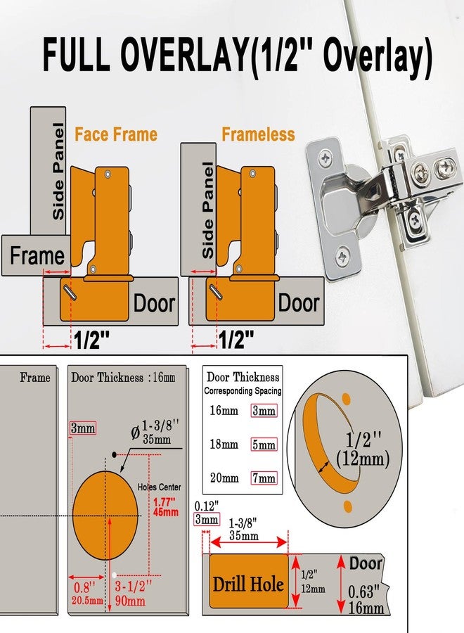 Besteel 24 Pack 1/2 inch Overlay Soft Close Cabinet Door Hinges for Kitchen Cabinet Hinges Hidden Hinge Stainless Steel Concealed Kitchen Cabinet Hinge Self Closing Screw Holes Distance of Cup is 45 mm - Image 3