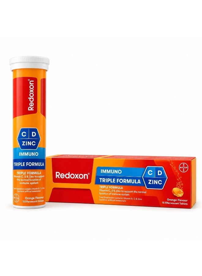 Redoxon Immuno Triple Formula Vitamin C 1000mg with Vitamin D & Zinc Effervescent Tablets | Daily Immune System Support Supplement | Orange Flavor | 15 Tablets - Image 1
