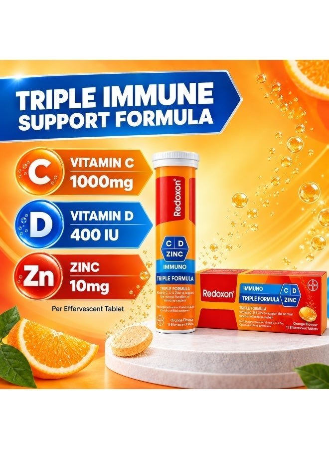 Redoxon Immuno Triple Formula Vitamin C 1000mg with Vitamin D & Zinc Effervescent Tablets | Daily Immune System Support Supplement | Orange Flavor | 15 Tablets - Image 3