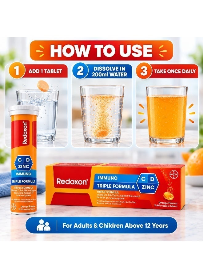 Redoxon Immuno Triple Formula Vitamin C 1000mg with Vitamin D & Zinc Effervescent Tablets | Daily Immune System Support Supplement | Orange Flavor | 15 Tablets - Image 4
