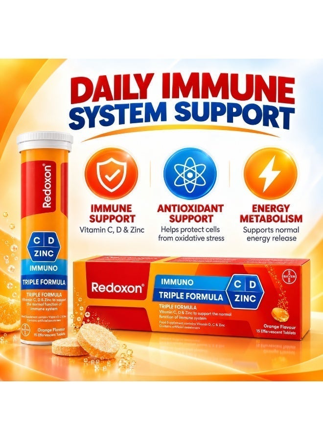 Redoxon Immuno Triple Formula Vitamin C 1000mg with Vitamin D & Zinc Effervescent Tablets | Daily Immune System Support Supplement | Orange Flavor | 15 Tablets - Image 2