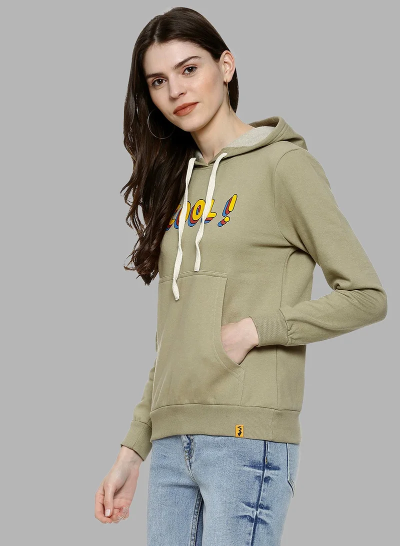 Campus Sutra Women's Olive Green Cool Print Pullover Hoodie