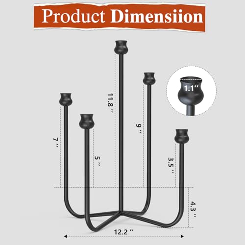 SSNEWOG 16-inch Iron Candlestick Holders, Black 5-Arm Taper Candle Holder, Vintage Modern Decorative Candle Stick Holders for Weddings, Parties, Thanksgiving & Halloween - Image 2