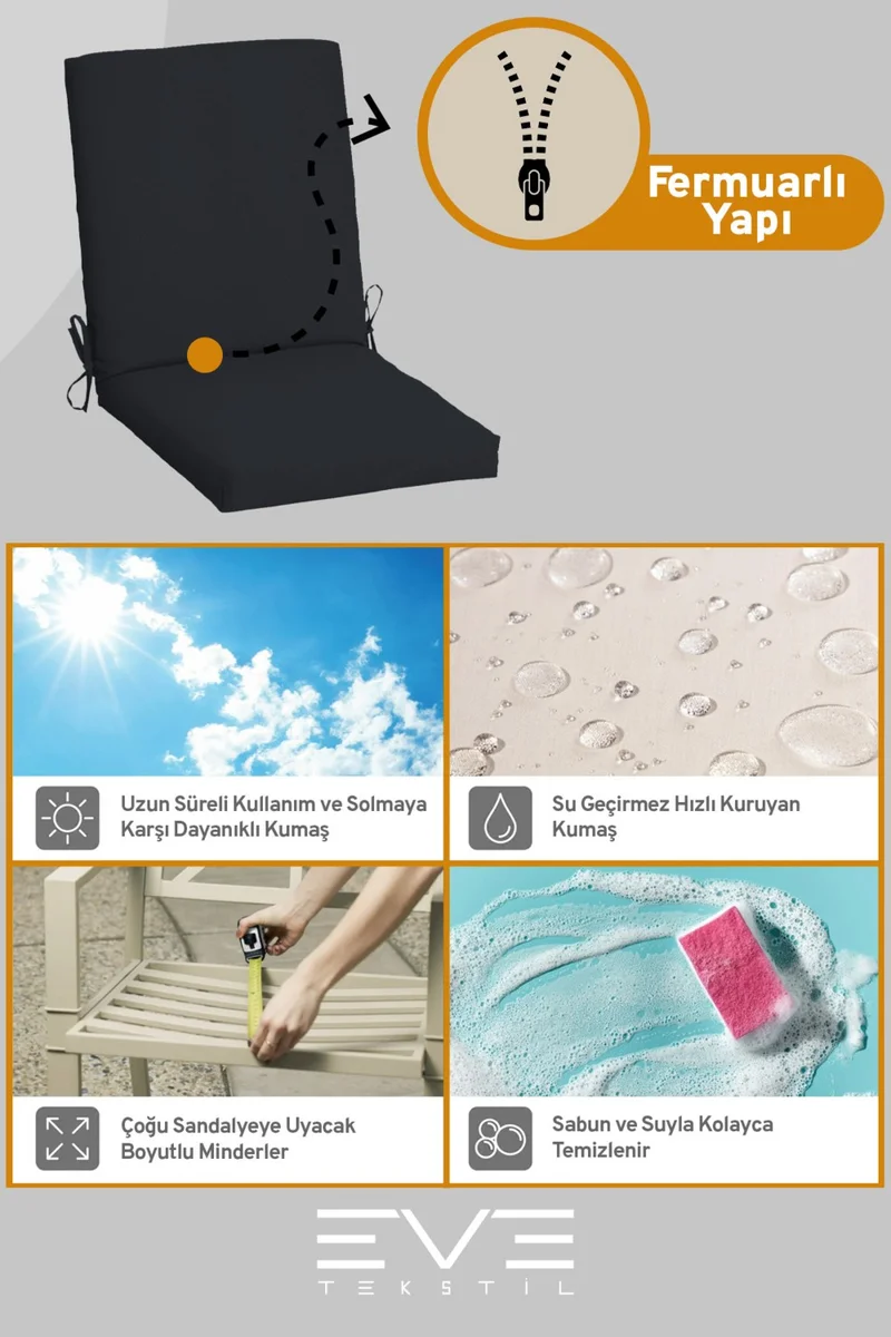 ايفي تكستل Garden - Living Room - Balcony Backrest Zippered Connectable Washable Chair Cushion 2 Pieces