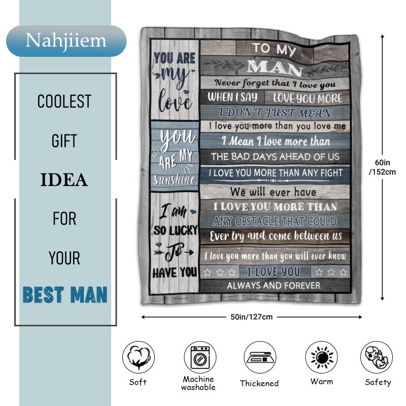 Nahjiiem Gifts for Him Husband Boyfriend Throw Blanket  I Love You for Husband Boyfriend Birthday Gifts Ideas  Valentines Wedding for Him  to My Man Soft Blanket 60""x 50"" - Image 2