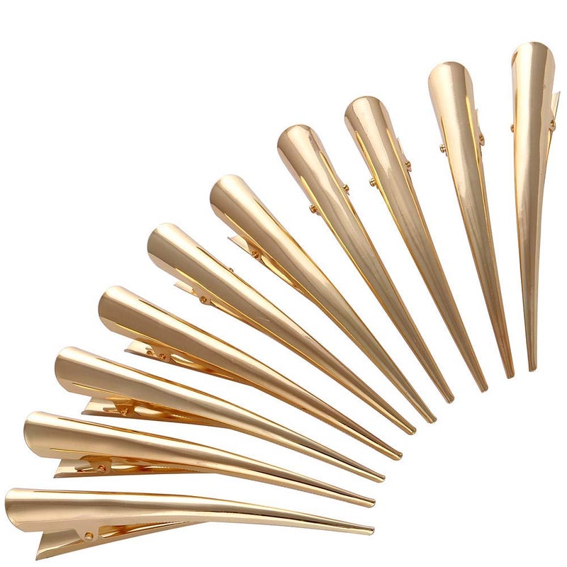 LONEEDY 10 Pack Duckbill Hair Clips with Teeth Metal Alligator Curl Clips with Holes for Hair Styling Nonslip Hair Barrettes Hair Grip DIY Accessories Large Gold