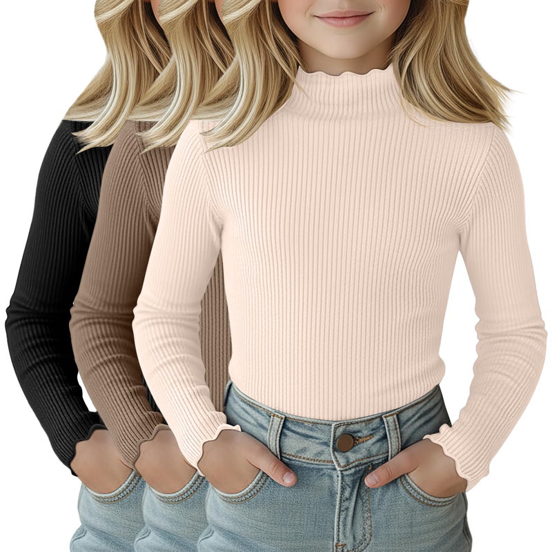 LessonZoo 3 Pack Girls Lettuce Trim Mock Neck Cotton Long Sleeve Shirts, 5-14 Years Ribbed Slim Tops Casual Layer Basic Tees(Black, Mocha, Cream,5-6 Years) - Image 1